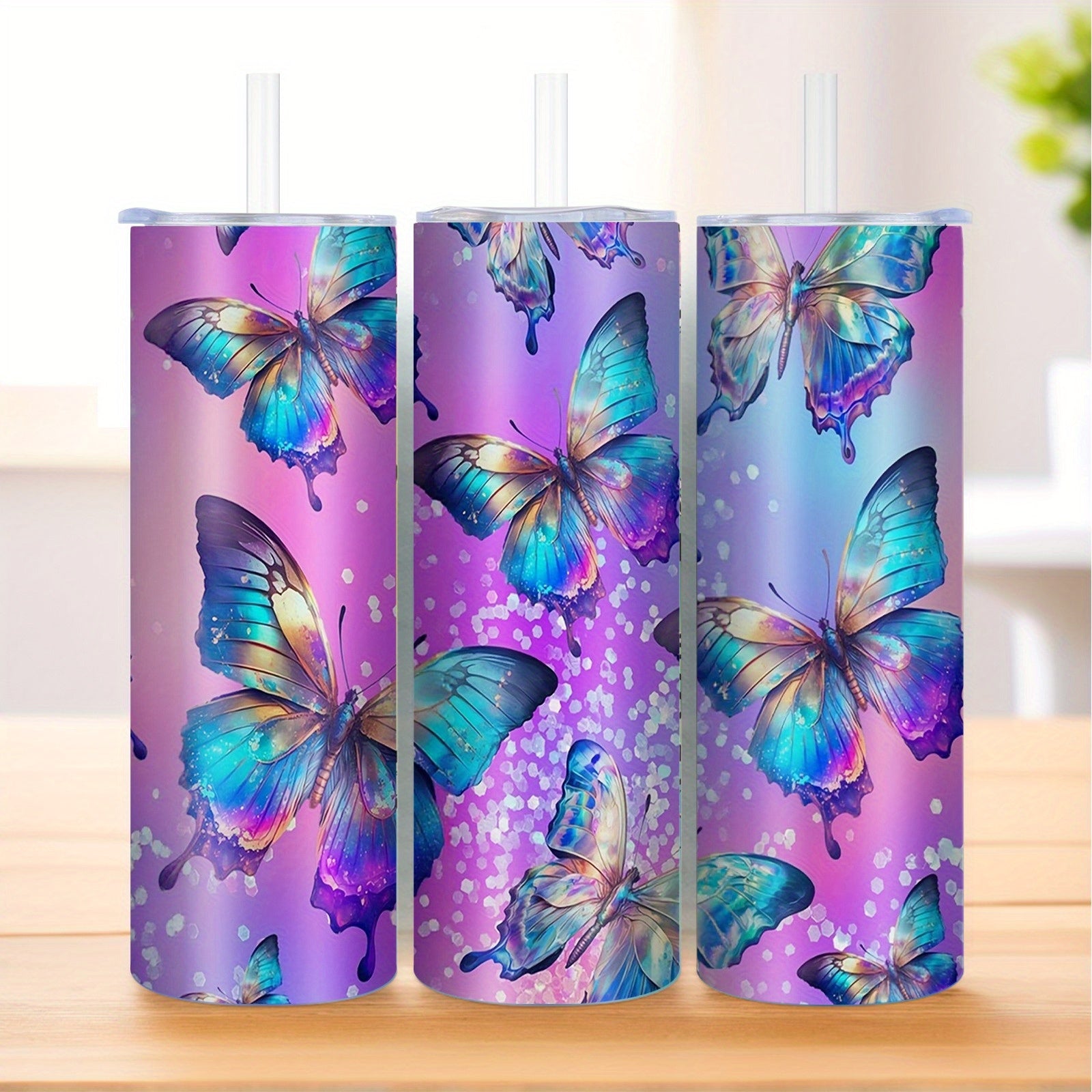 20oz Insulated Stainless Steel Tumbler with Straw - Vibrant Butterfly Print