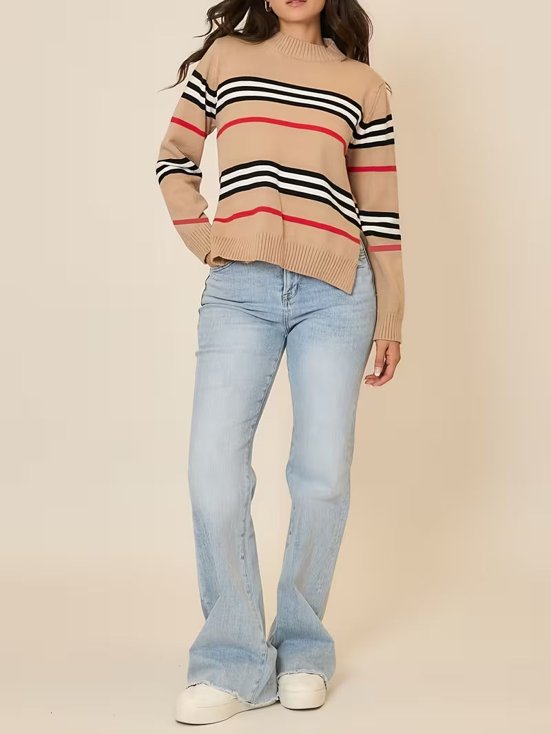 Women's 80% Wool Classic Striped Sweater Crew Neck Long Sleeve Soft Cozy Pullover Fall Winter Top — view 5
