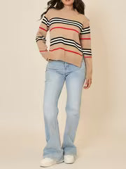 Women's 80% Wool Classic Striped Sweater Crew Neck Long Sleeve Soft Cozy Pullover Fall Winter Top — view 4