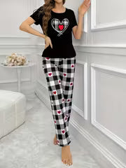 Women'S Heart Plaid Print Casual Pajama Set, Short Sleeve Round Neck Top And Pants, Comfortable Relaxed Fit — view 3