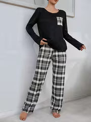 Autumn and Winter Chest Plaid Pocket Long Sleeve Top and Plaid Pants Pajama 2pcs Set — view 1