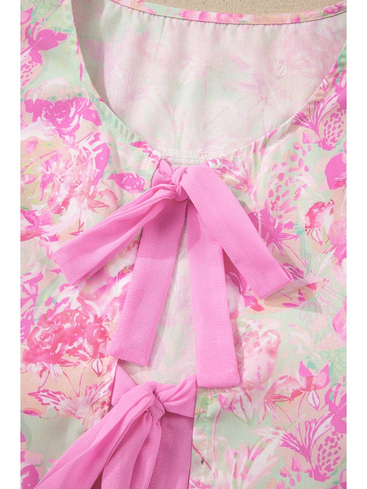 PRETTY BASH Floral Ribbon Tie Front Puff Sleeve Blouse