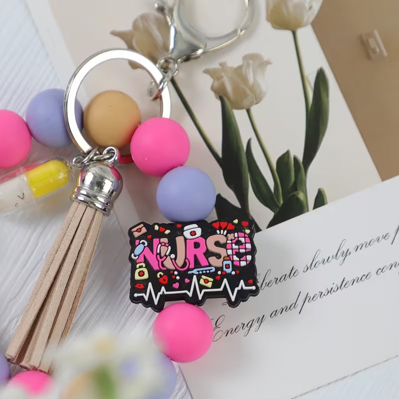 NURSE Day Pink Beaded Keychain with Tassel Charm, Bag Charm, Key and Car Key Anti-Loss Accessory, Gift for — view 12