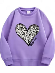 5pcs, Autumn/Winter Girls' Crew Neck Sweatshirt with Vintage Heart Print, Suitable for Casual Daily Wear — view 2