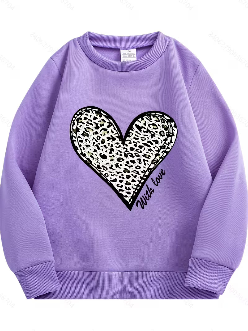 5pcs, Autumn/Winter Girls' Crew Neck Sweatshirt with Vintage Heart Print, Suitable for Casual Daily Wear — view 12