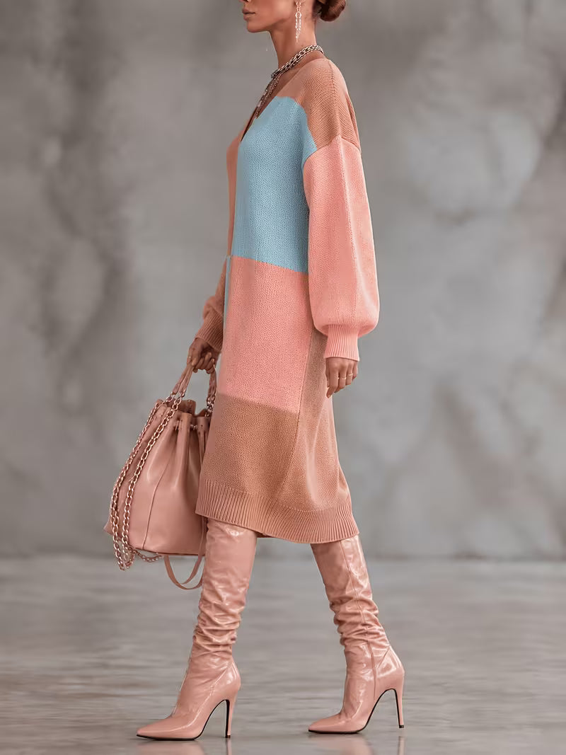 Women's Autumn/Winter Pink Apricot and Blue Color-Block V-Neck Dress, Midi-Length with Long Sleeves and Loose — view 9
