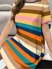 Women's Homewear, Colorful Horizontal Stripe Short - Sleeved Knee - Length Dress, Polyester Material, Multiple — view 3
