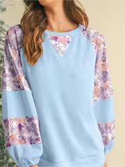 Boho Retro Cream Raglan Lantern Bubble Puff Sleeve Floral Sweater Shirt — view 1