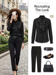 [Ruffle Blouse] Women's Blouse with Ruffle Design and Bow Decoration, Elegant Commuter Style Fashion Shirt — view 6