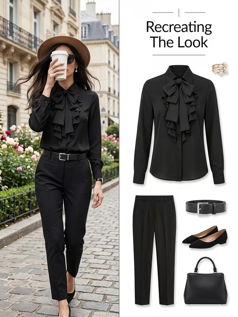 [Ruffle Blouse] Women's Blouse with Ruffle Design and Bow Decoration, Elegant Commuter Style Fashion Shirt — view 7