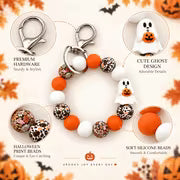 Halloween Beaded Wristlet Keychain, Cute Pumpkin Charm, Orange White Beaded Key Ring, Wristlet Bag Charm for — view 3