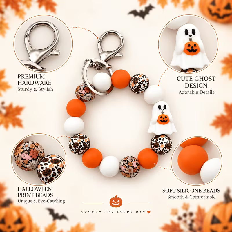 Halloween Beaded Wristlet Keychain, Cute Pumpkin Charm, Orange White Beaded Key Ring, Wristlet Bag Charm for — view 8