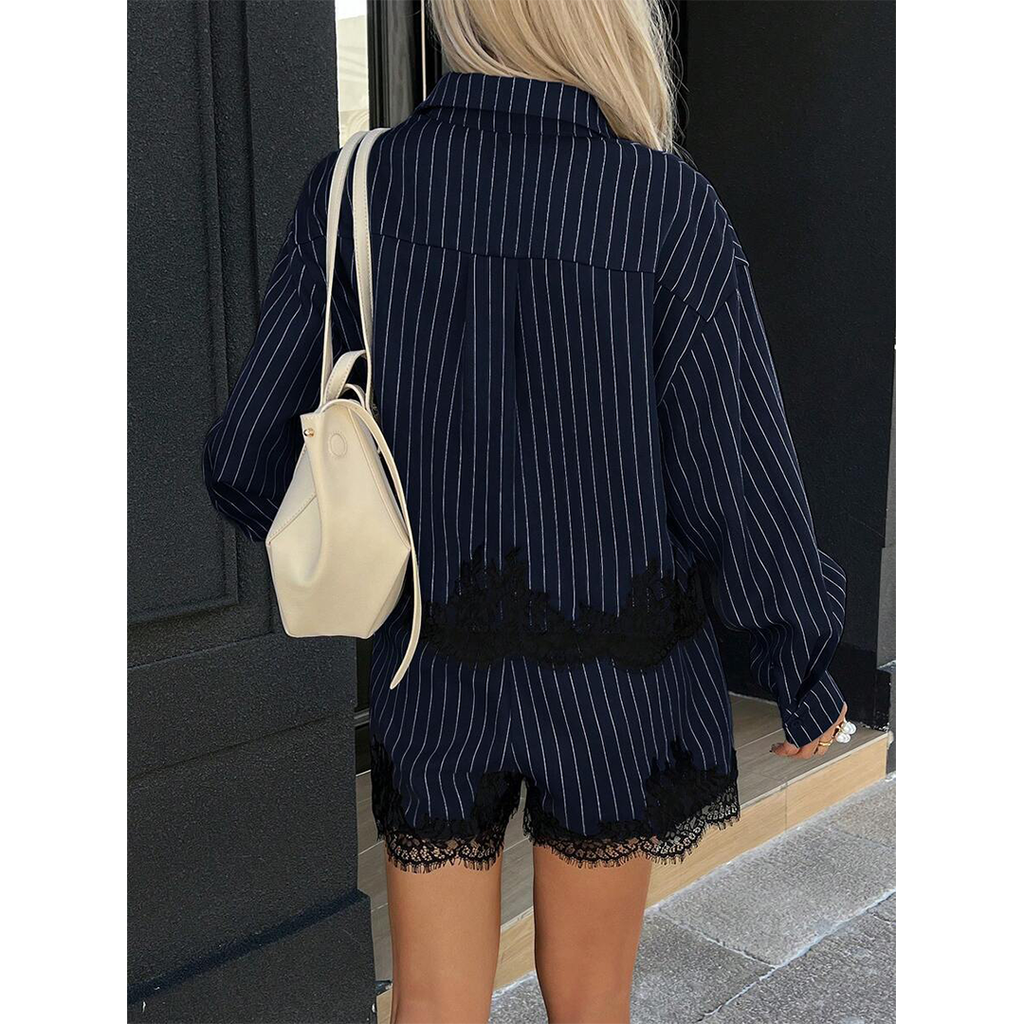 Lace Patchwork Shirt Drawstring Shorts 2-Piece Set GZDY067