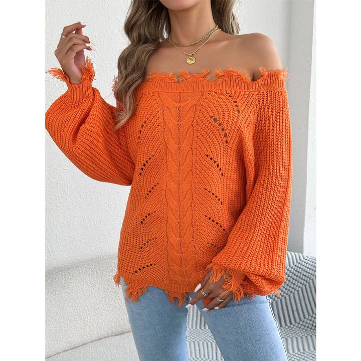Fall Lantern Sleeves Off-Shoulder Hollow-Out Sweater BJS345