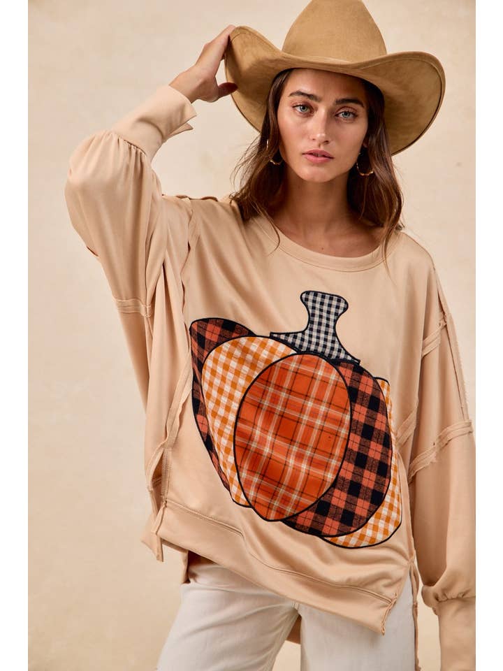 Plaid Pumpkin Patchwork French Terry Sweatshirt