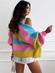 Color Block Short Cardigan for Women, Loose Fit Sweater Jacket with Blue Pink Yellow Patchwork Design, Casual — view 3