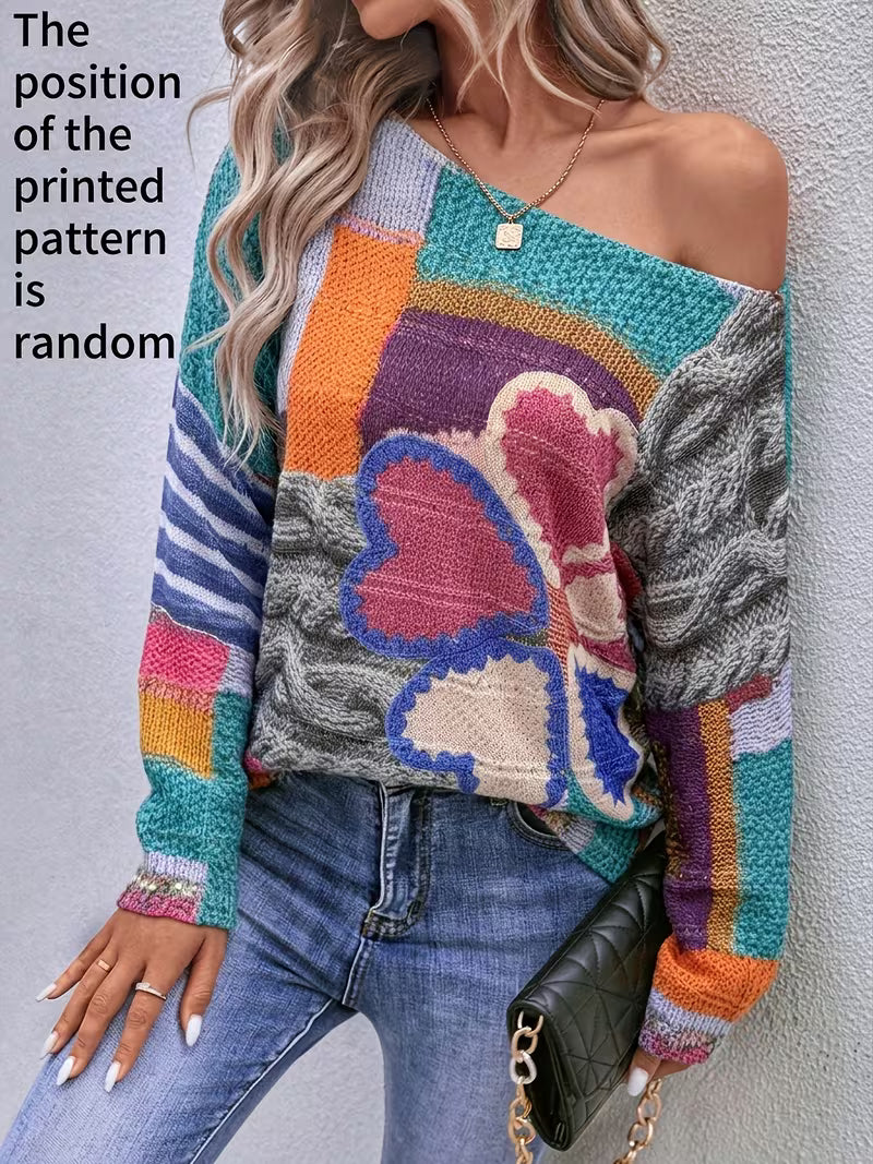 Women'S Solid Color Off-Shoulder Long Sleeve Loose Casual Elegant Gray Twisted Rope And Color-Block Heart Peach — view 8