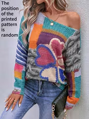 Women'S Solid Color Off-Shoulder Long Sleeve Loose Casual Elegant Gray Twisted Rope And Color-Block Heart Peach — view 2