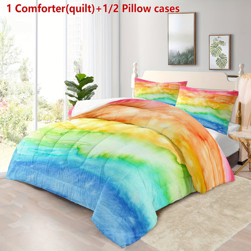 2/3pcs Rainbow Color Gradient Printed Ultra-Soft, Breathable and Comfortable Bedding for Bedroom and Guest Room Decoration, All Seasons (1 Comforter(Quilt) + 1/2 Pillowcases Without Core)
