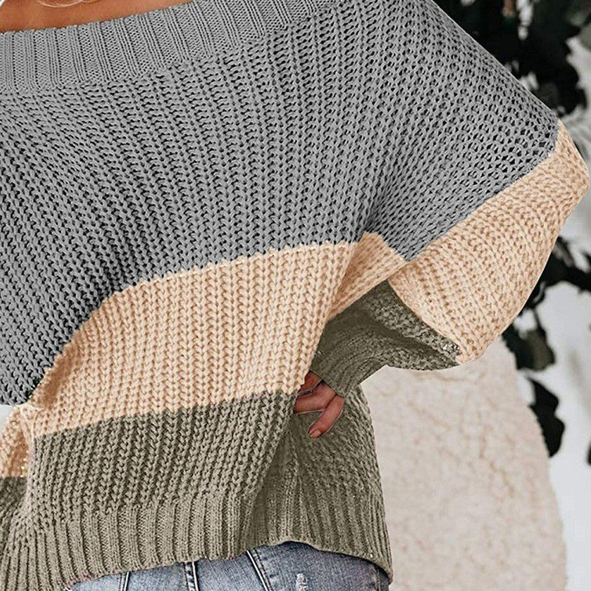 Women'S Color-Blocked Boat Neck Loose Fit Pullover Sweater