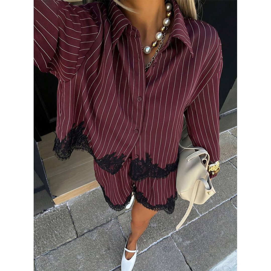 Lace Patchwork Shirt Drawstring Shorts 2-Piece Set GZDY067