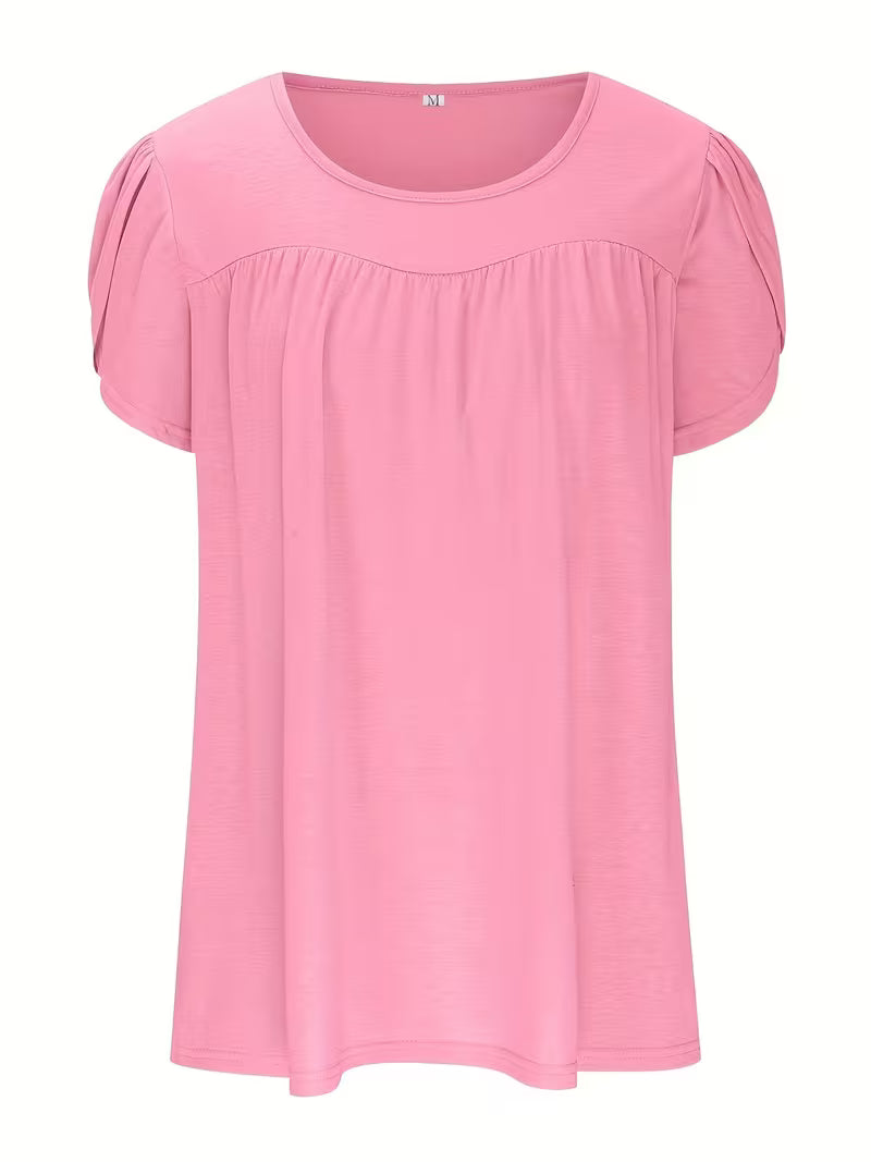 Women's Fashion Pleated Front Round Neck Petal Sleeve Casual Top, Elegant Short-Sleeved T-Shirt for Layering or — view 4