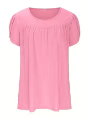 Women's Fashion Pleated Front Round Neck Petal Sleeve Casual Top, Elegant Short-Sleeved T-Shirt for Layering or — view 3