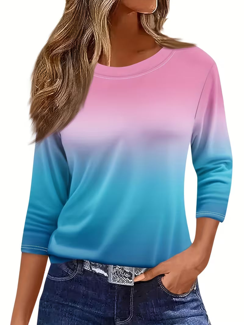 Women's Gradient Color Casual 3/4 Sleeve T-Shirt - Loose Fit, Round Neck, Machine Washable, Soft & Stylish for — view 7