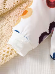2pcs Set, 1- Girls Sweet Set, Orange Retro Mirad Color Floral Print Thickened Warm Round Neck Long Sleeve — view 5