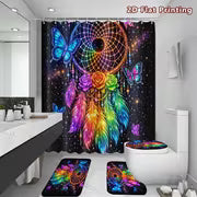 2D Flat, 2D Flat 4pcs Rainbow Dream Catcher Shower Curtain Set, Luminous Colorful Butterfly Rose Galaxy Bathroom — view 6