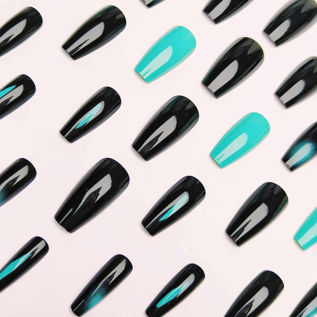 Elegant Gradient Black and Teal Stripe Press-On Nails, Ballet Shape, Medium Length, Glossy Finish - 24pcs