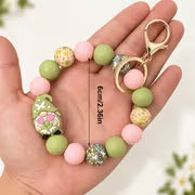 Garden Gnome Silicone Beaded Wristlet Keychain, Pink & Sage Green Floral Bead Key Ring, Car Key Holder and Bag — view 3