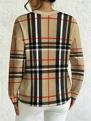 Women's Long Sleeve Drop Shoulder T-Shirt, Classic Plaid Pattern, Timeless Aesthetic Style, Suitable for Daily — view 3
