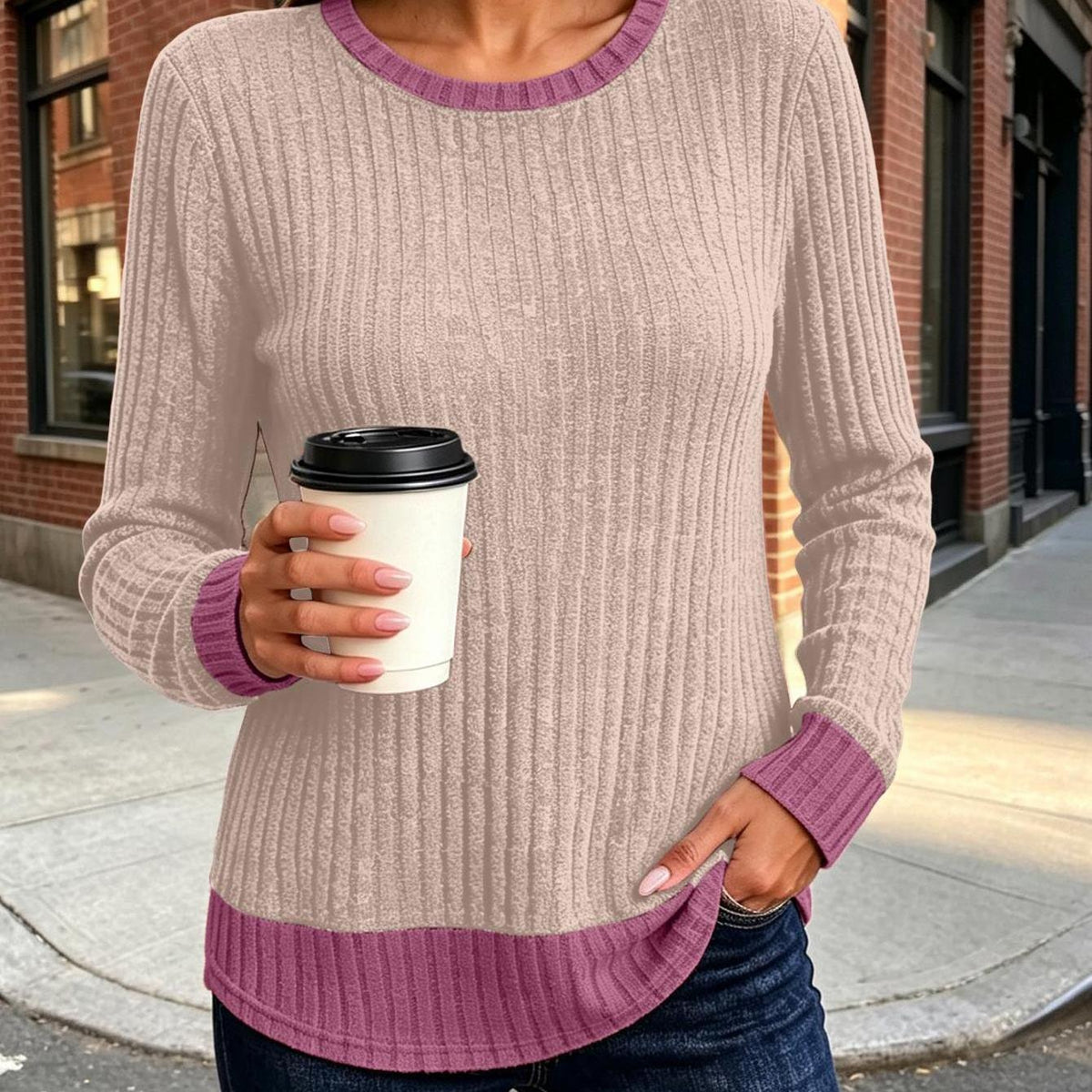 Women's Color Blocked Pit Stripe Round Neck Long Sleeved