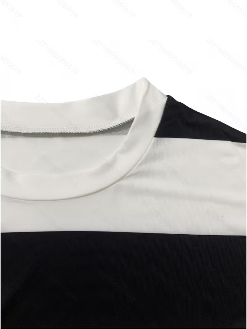 Women's Black & White Striped T-Shirt - Oversized Round Neck Short Sleeve Summer Top with Horizontal Navy Blue — view 4