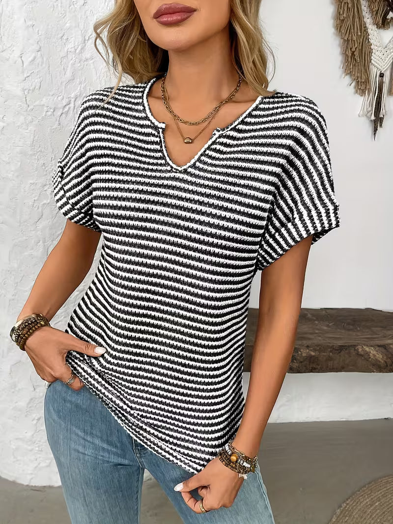 Women's V-Neck Short Sleeve Loose Fit Striped Casual Pullover T-Shirt - Black & White Horizontal Stripes, Ribbed — view 7