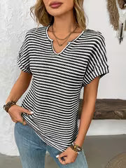 Women's V-Neck Short Sleeve Loose Fit Striped Casual Pullover T-Shirt - Black & White Horizontal Stripes, Ribbed — view 6