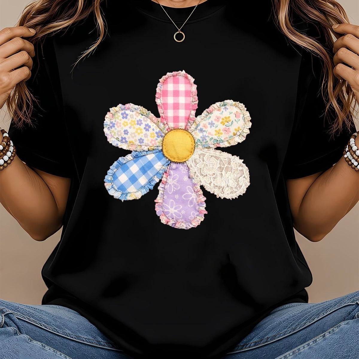 Faux Patchwork Flower Shirt Floral Faux Quilted Graphic