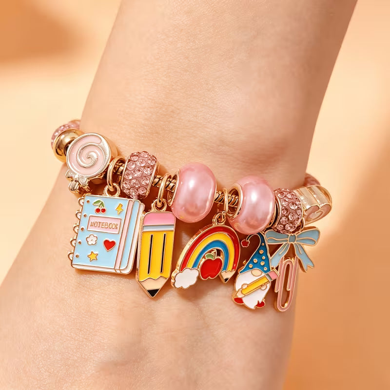 School-Themed Bracelet, Open-End Design with Notebook, Pencil, Rainbow Pen, and Bowknot Pendant, Adjustable — view 8