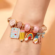 School-Themed Bracelet, Open-End Design with Notebook, Pencil, Rainbow Pen, and Bowknot Pendant, Adjustable — view 2