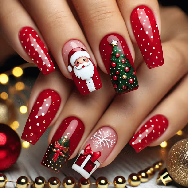 47pcs Long Square Press on Nails - Glossy Fake Nails with Christmas Red Aesthetic, Santa, Christmas Tree & Gift — view 6