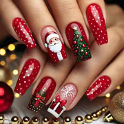 47pcs Long Square Press on Nails - Glossy Fake Nails with Christmas Red Aesthetic, Santa, Christmas Tree & Gift — view 1