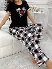 Women'S Heart Plaid Print Casual Pajama Set, Short Sleeve Round Neck Top And Pants, Comfortable Relaxed Fit — view 2