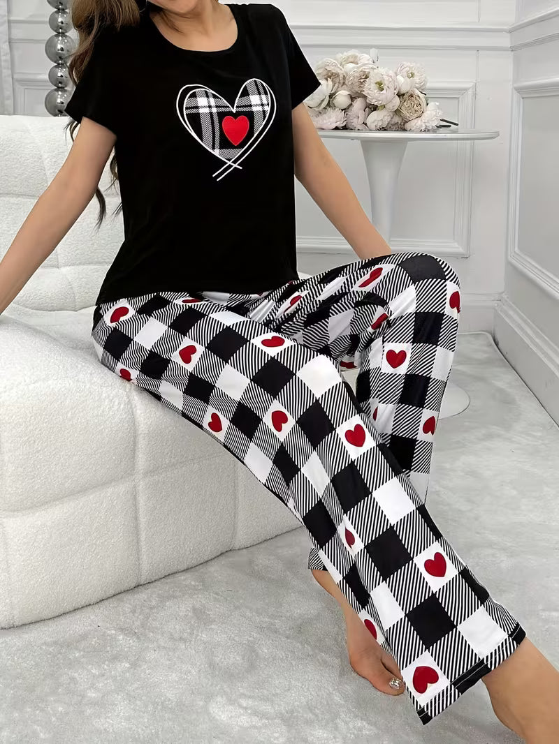 Women'S Heart Plaid Print Casual Pajama Set, Short Sleeve Round Neck Top And Pants, Comfortable Relaxed Fit — view 8