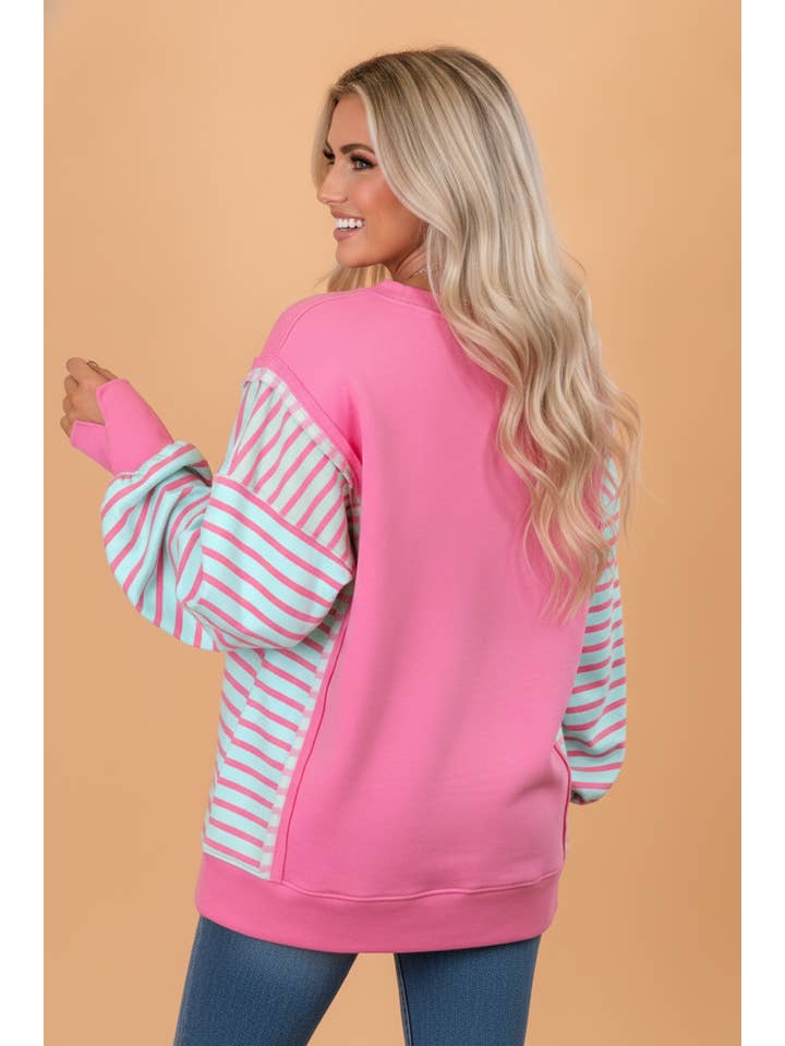 PRETTY BASH Stripe Patchwork Split Hem Long Sleeve Top