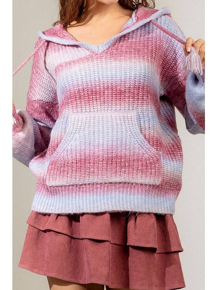 Multi Color Ombre Knit Hoodie Sweater with Pocket — view 3