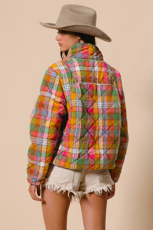 Vintage Plaid Quilted Jacket with Pockets-Orange Green and Yellow