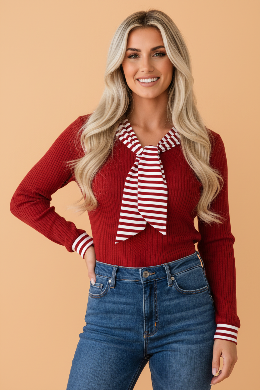 Stripe Contrast Tie Neck Cuffed Long Sleeve Top — view 1