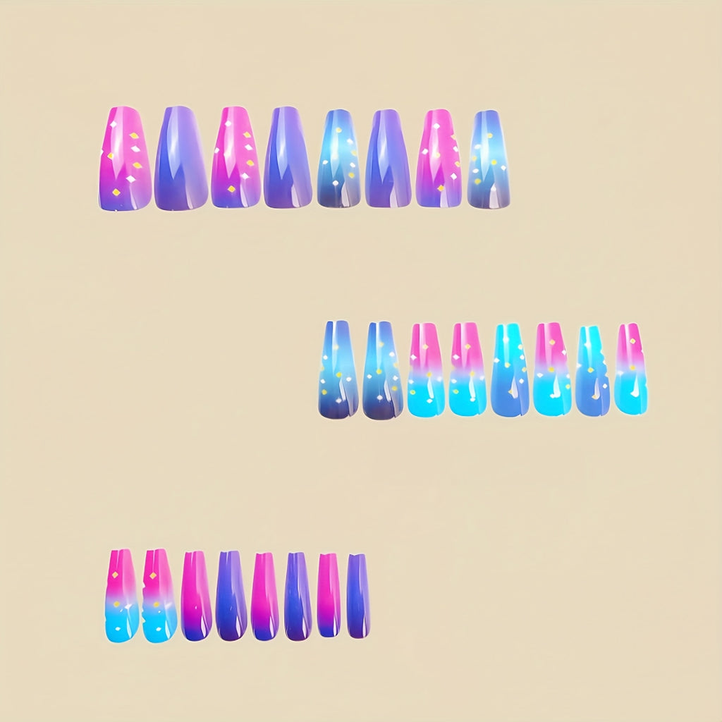 Press-On Nail Patches, Mid-Long Style Nails, Purple Ombre Universe Star Polka Dot Nude Nail Patches, New Year Style Nails, Spring Summer Fashion Nail Stickers, Removable 24pcs Nail Patches