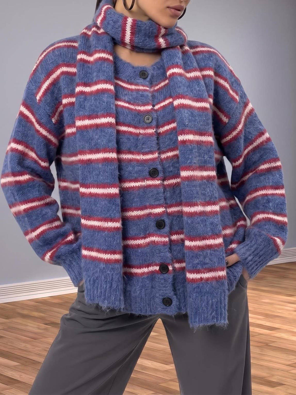 Women's College-Style Striped Knit Cardigan with Scarf